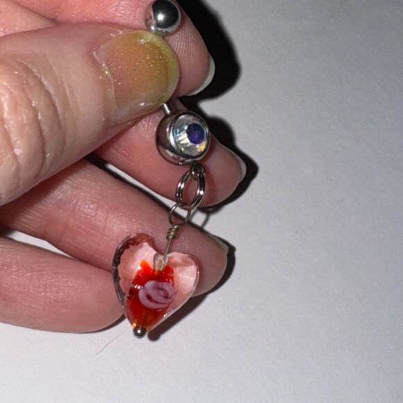 Red Lamp work Glass Heart Dangle Belly Rings - Picture 6 of 9